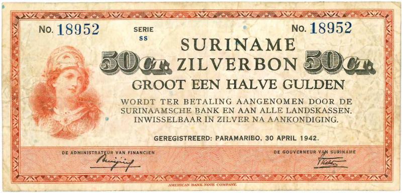 Suriname. ½ gulden. Bankbiljet. Type 1940. - Zeer Fraai -.