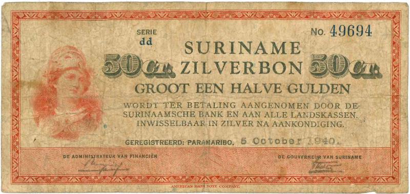 Suriname. ½ gulden. Bankbiljet. Type 1940. - Fraai +.