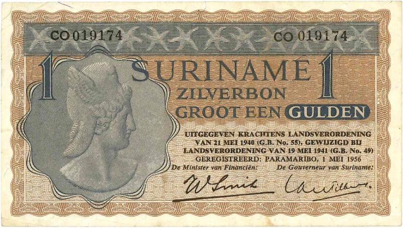 Suriname. 1 gulden. Bankbiljet. Type 1950. - Zeer Fraai +.