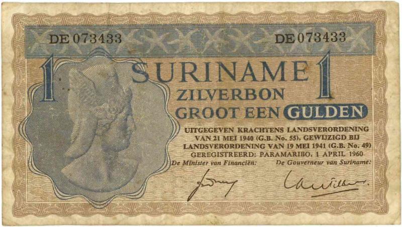 Suriname. 1 gulden. Bankbiljet. Type 1950. - Fraai +.