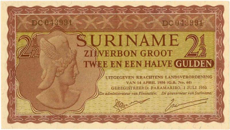 Suriname. 2½ gulden. Bankbiljet. Type 1950. - Prachtig +.