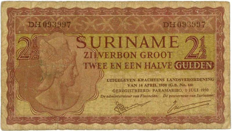 Suriname. 2½ gulden. Bankbiljet. Type 1950. - Fraai.