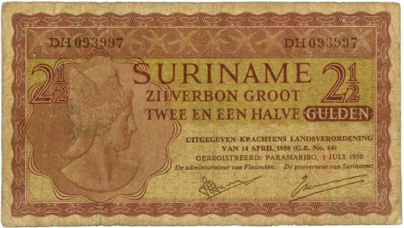 Suriname. 2½ gulden. Bankbiljet. Type 1950. - Fraai.