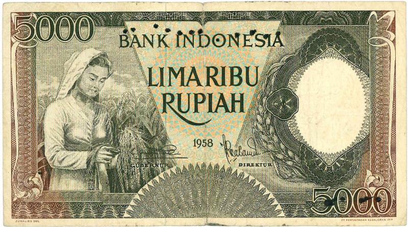 Indonesië. 5000 rupiah. Bankbiljet. Type 1958. - Zeer Fraai.