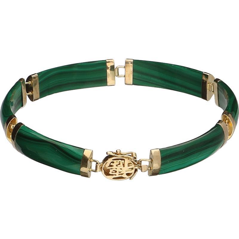 Staafjesarmband van malagiet bezet met gouden schakels en slot, 14 karaat.