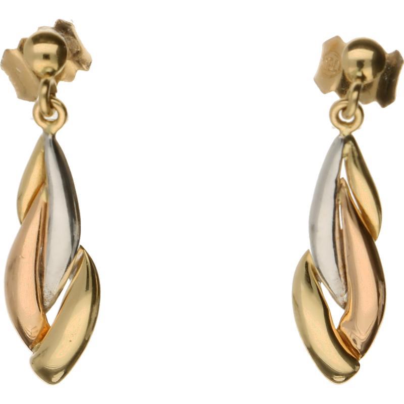Tricolor gouden oorhangers, 18 karaat.
