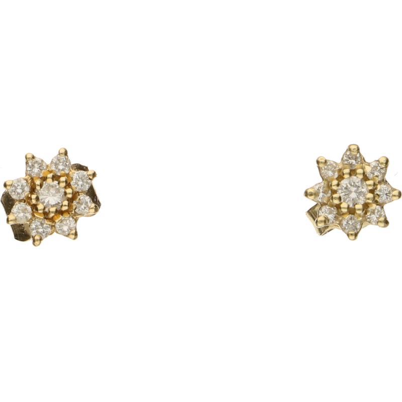 Geelgouden oorstekers ieder bezet met 9 briljant geslepen diamanten, 14 karaat.