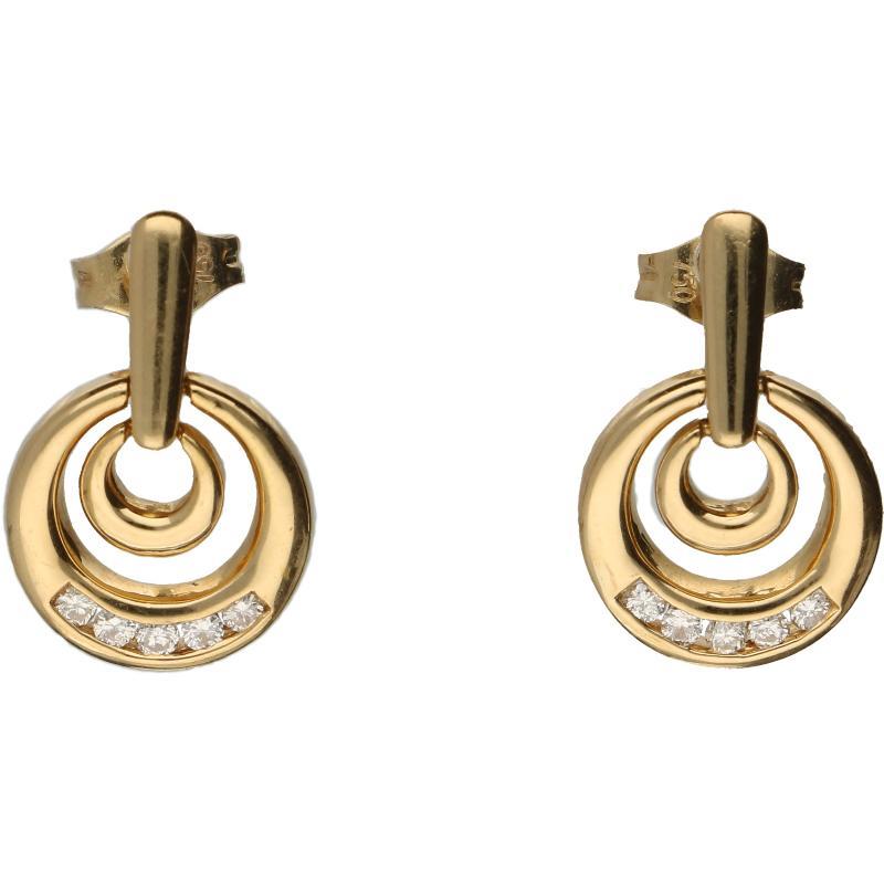 Geelgouden oorhangers ieder bezet met 5 briljant geslepen diamanten, 18 karaat.