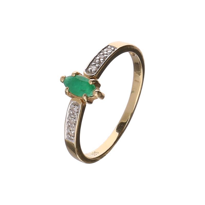Geelgouden ring bezet met siersteen en 6 briljant geslepen diamanten, 14 karaat.