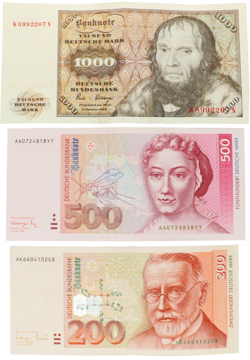 Germany 200, 500 and 1000 mark Banknote Type 1980-1996 - Very fine +