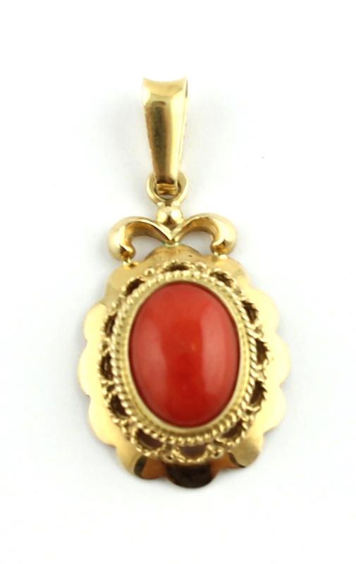 Geelgouden hanger, bezet met bloedkoraal, 14 karaat                                                                                                                                                                                                            