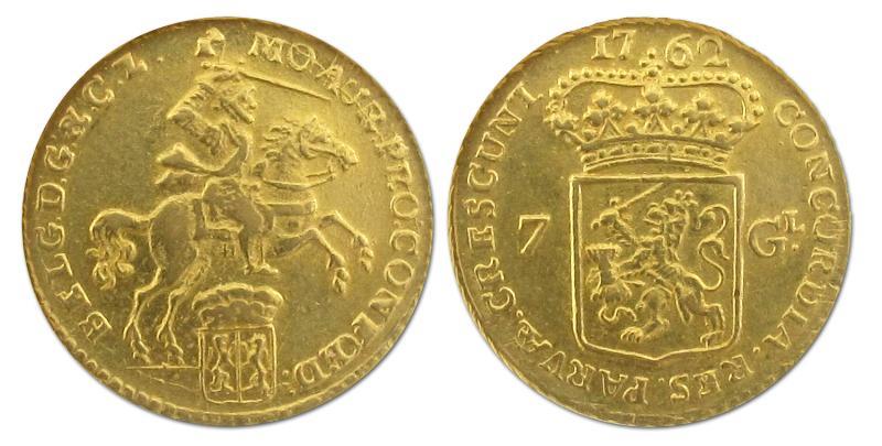 Halve gouden rijder van 7 gulden Gelderland 1762. Zeer Fraai / Prachtig.                                                                                                                                                                                       