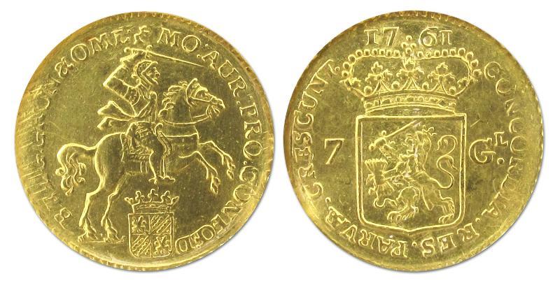 Halve gouden rijder van 7 gulden Groningen en Ommelanden 1761. Prachtig (klemspoor).                                                                                                                                                                           