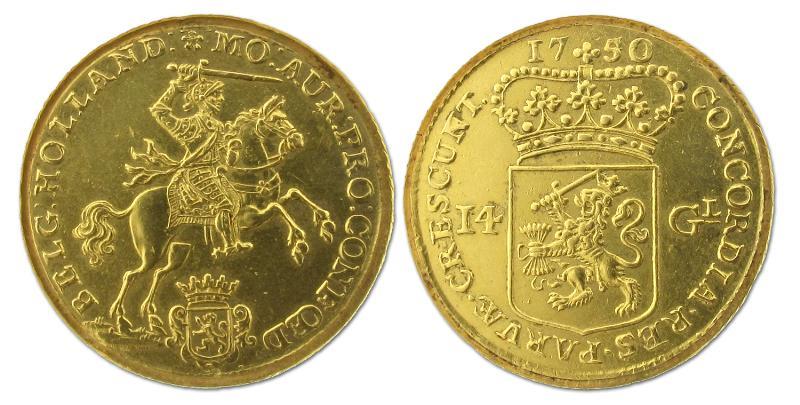 Gouden rijder van 14 gulden Holland 1750 / 49. Prachtig / FDC.                                                                                                                                                                                                 