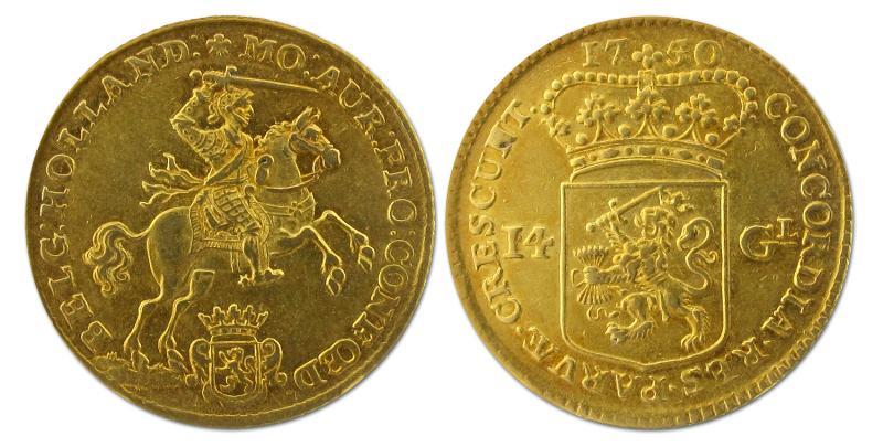 Gouden rijder van 14 gulden Holland 1750 / 49. Prachtig +.                                                                                                                                                                                                     