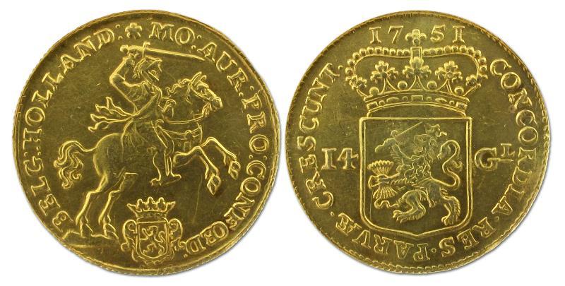 Gouden rijder van 14 gulden Holland 1751. Zeer Fraai / Prachtig .                                                                                                                                                                                              