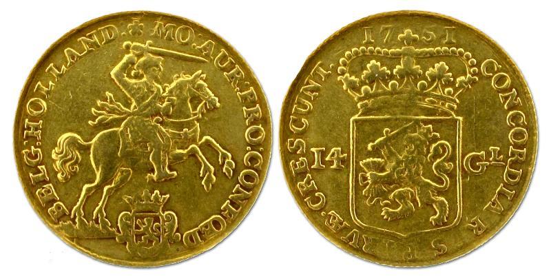 Gouden rijder van 14 gulden Holland 1751. Zeer Fraai.                                                                                                                                                                                                          