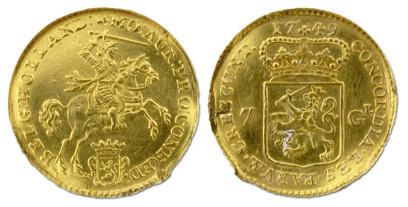Halve gouden rijder van 7 gulden Holland 1749. Zeer Fraai (montage).                                                                                                                                                                                           