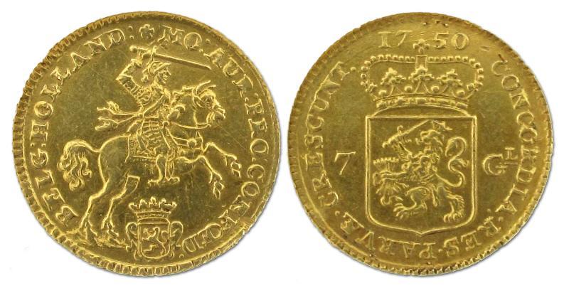 Halve gouden rijder van 7 gulden Holland 1750. Prachtig - (tikje in de rand).                                                                                                                                                                                  