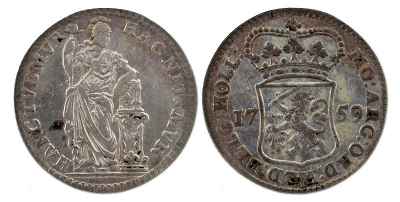 Muntmeesterpenning Holland 1759. Zeer Fraai / Prachtig.                                                                                                                                                                                                        