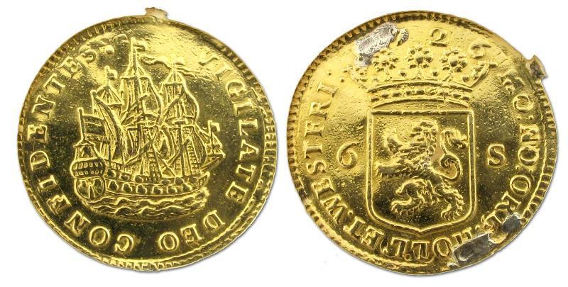 Scheepjesschelling van 6 stuiver afslag in goud Holland 1726. Zeer Fraai (montage).                                                                                                                                                                            
