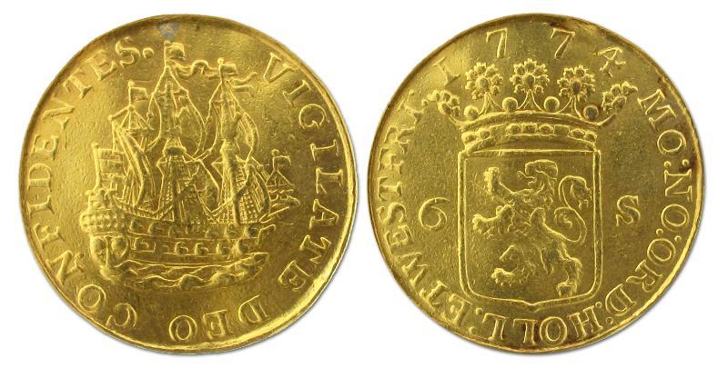 Scheepjesschelling van 6 stuiver afslag in goud Holland 1774. Zeer Fraai (montage).                                                                                                                                                                            