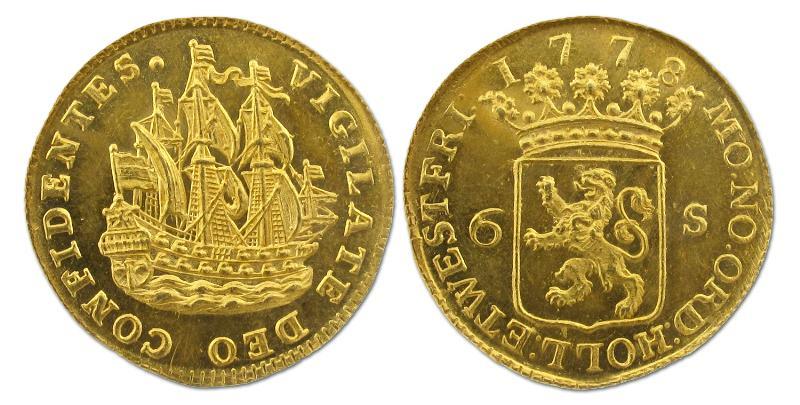 Scheepjesschelling van 6 stuiver afslag in goud Holland 1778. FDC.                                                                                                                                                                                             
