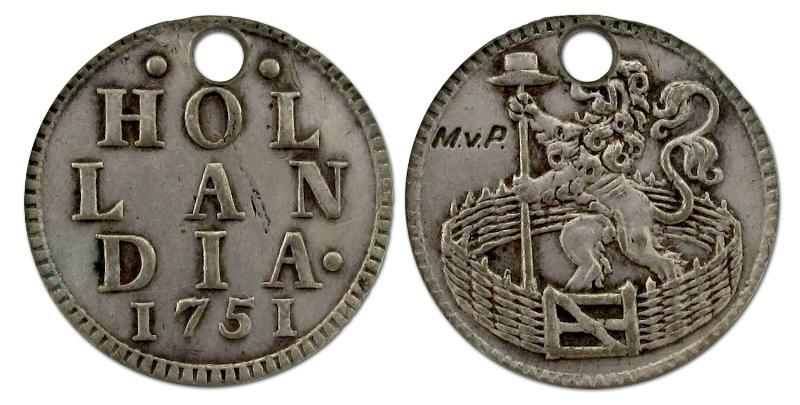 Duit afslag in zilver Holland 1751. Zeer Fraai / Prachtig (gat).                                                                                                                                                                                               