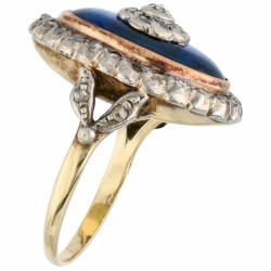 Geelgouden ovale ring, met 37 roos geslepen diamanten en Boheems glas - 14 kt.