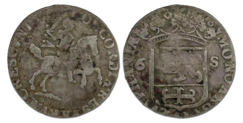 Rijderschelling van 6 stuiver  Zutphen 1688. Zeer Goed.                                                                                                                                                                                                        