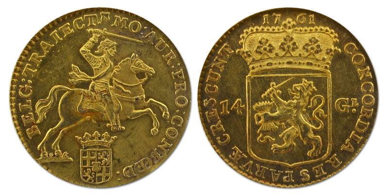 Gouden rijder van 14 gulden Utrecht 1761. Prachtig.                                                                                                                                                                                                            