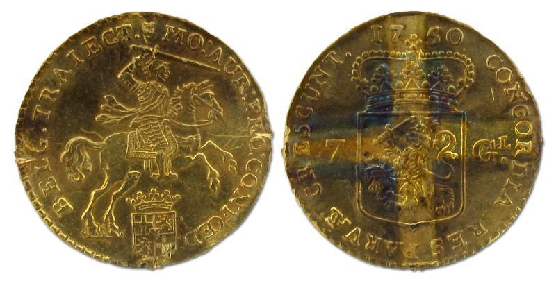 Halve gouden rijder van 7 gulden Utrecht 1750. Zeer Fraai (montage).                                                                                                                                                                                           