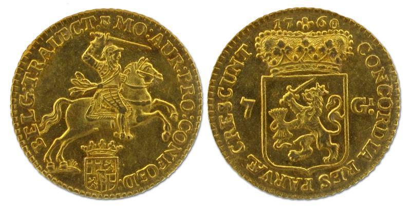 Halve gouden rijder van 7 gulden Utrecht 1760. FDC.                                                                                                                                                                                                            