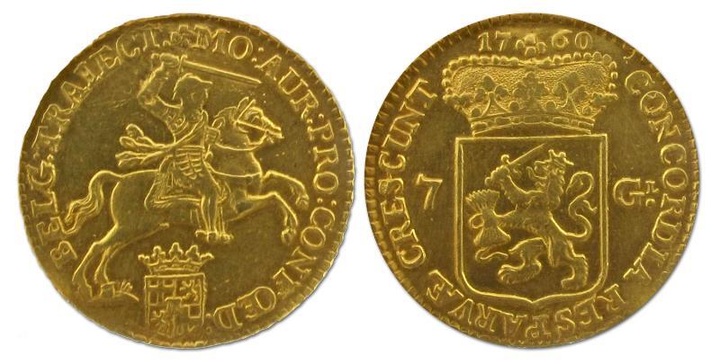 Halve gouden rijder van 7 gulden Utrecht 1760. Zeer Fraai (montage).                                                                                                                                                                                           