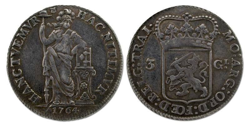 3 gulden Utrecht 1764. Zeer Fraai +.                                                                                                                                                                                                                           