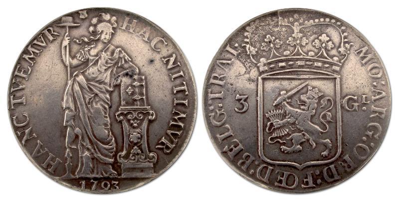 3 gulden Utrecht 1793. Zeer Fraai +.                                                                                                                                                                                                                           