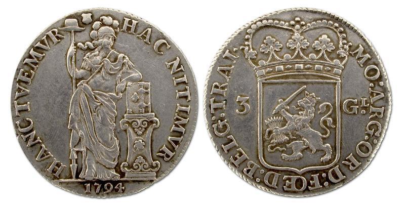 3 gulden Utrecht 1794. Zeer Fraai / Prachtig.                                                                                                                                                                                                                  