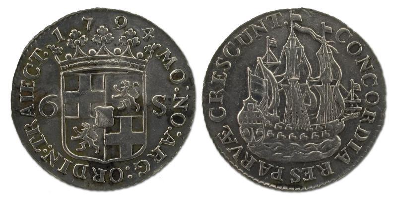 Scheepjesschelling van 6 stuiver Utrecht 1794. Zeer Fraai / Prachtig.                                                                                                                                                                                          