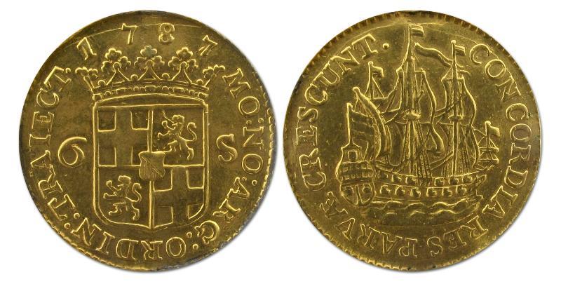 Scheepjesschelling van 6 stuiver afslag in goud Utrecht 1787. Zeer Fraai (montage).                                                                                                                                                                            