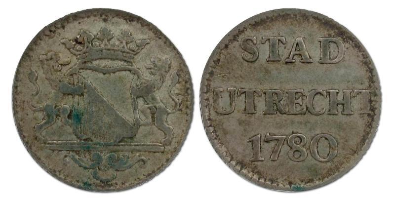 Duit afslag in zilver Utrecht stad 1780. Zeer Fraai -.                                                                                                                                                                                                         