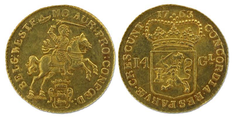 Gouden rijder van 14 gulden West Friesland 1763. Prachtig / FDC.                                                                                                                                                                                               