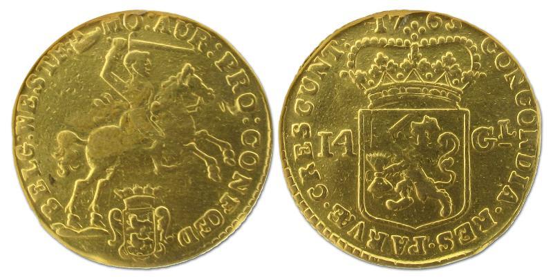 Gouden rijder van 14 gulden West Friesland 1763. Fraai.                                                                                                                                                                                                        