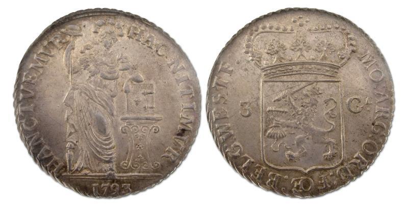 3 gulden West-Friesland 1793. Prachtig.                                                                                                                                                                                                                        