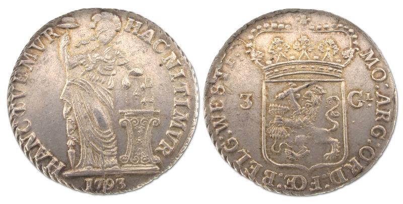 3 gulden West-Friesland 1793. Zeer Fraai / Prachtig.                                                                                                                                                                                                           