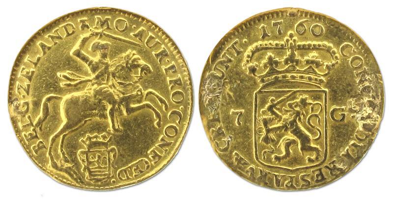 Halve gouden rijder van 7 gulden Zeeland 1760. Zeer Fraai (montage).                                                                                                                                                                                           