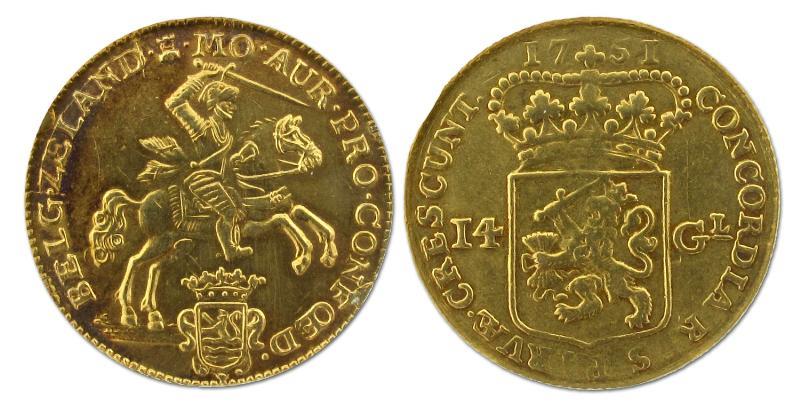 Gouden rijder van 14 gulden Zeeland 1760. Prachtig (lichte montage).                                                                                                                                                                                           