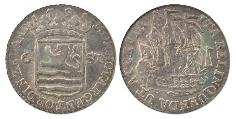Scheepjesschelling van 6 stuiver Zeeland 1791. Zeer Fraai.                                                                                                                                                                                                     