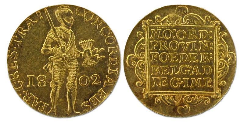 Gouden dukaat Utrecht 1802. Zeer Fraai +.                                                                                                                                                                                                                      