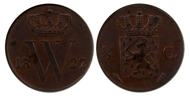1/2 cent Willem I 1822 U. Prachtig.                                                                                                                                                                                                                            