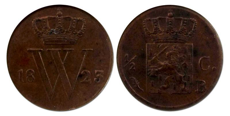 1/2 cent Willem I 1823 B. Prachtig.                                                                                                                                                                                                                            
